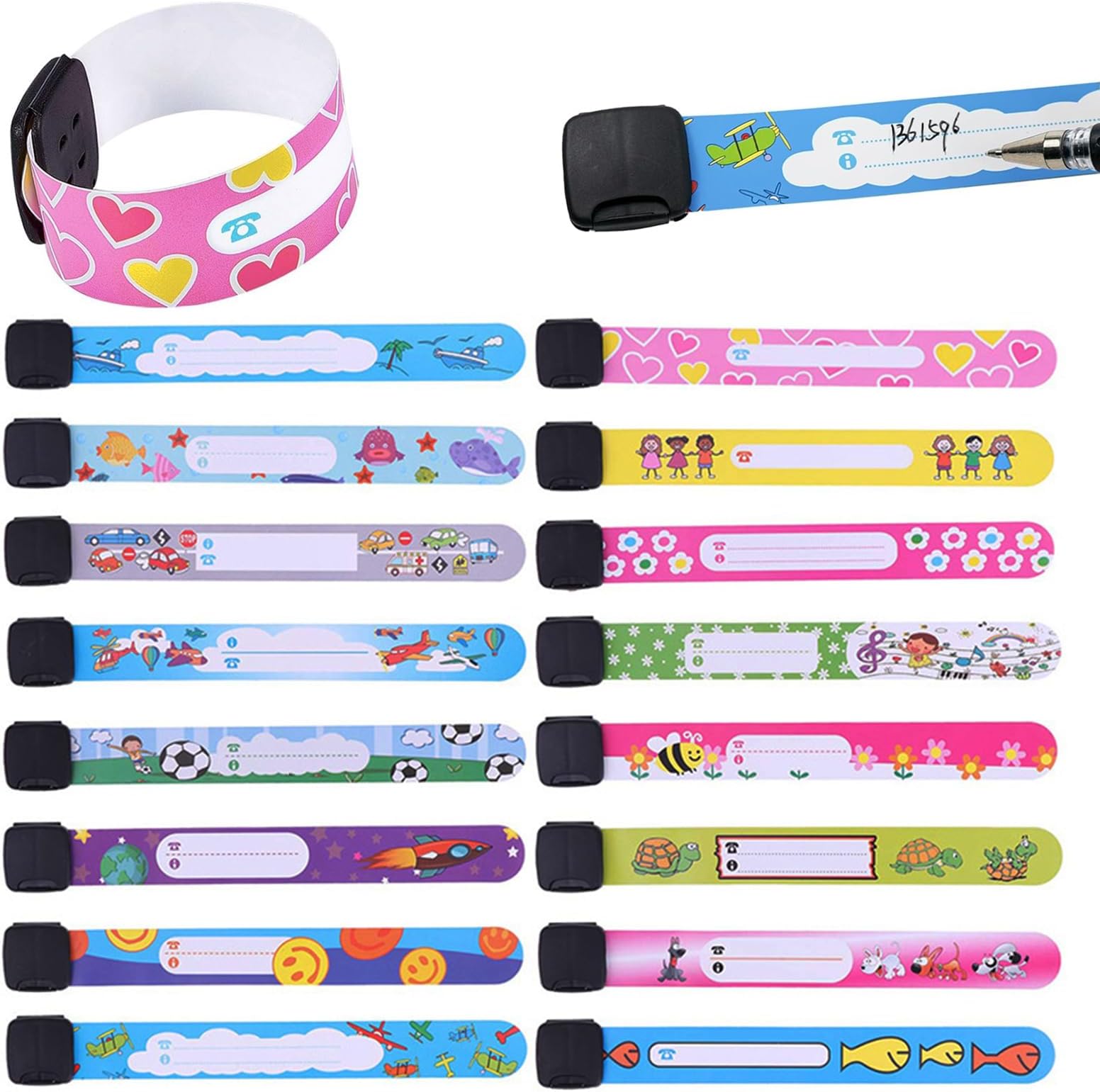 IS MUHE 16 Pieces Child Safety ID Wristband, ® Reusable&Waterproof Safety ID Bracelets for Kids Anti-Lost Child Travel ID Bands for Children Field Trip&Outdoor Activity