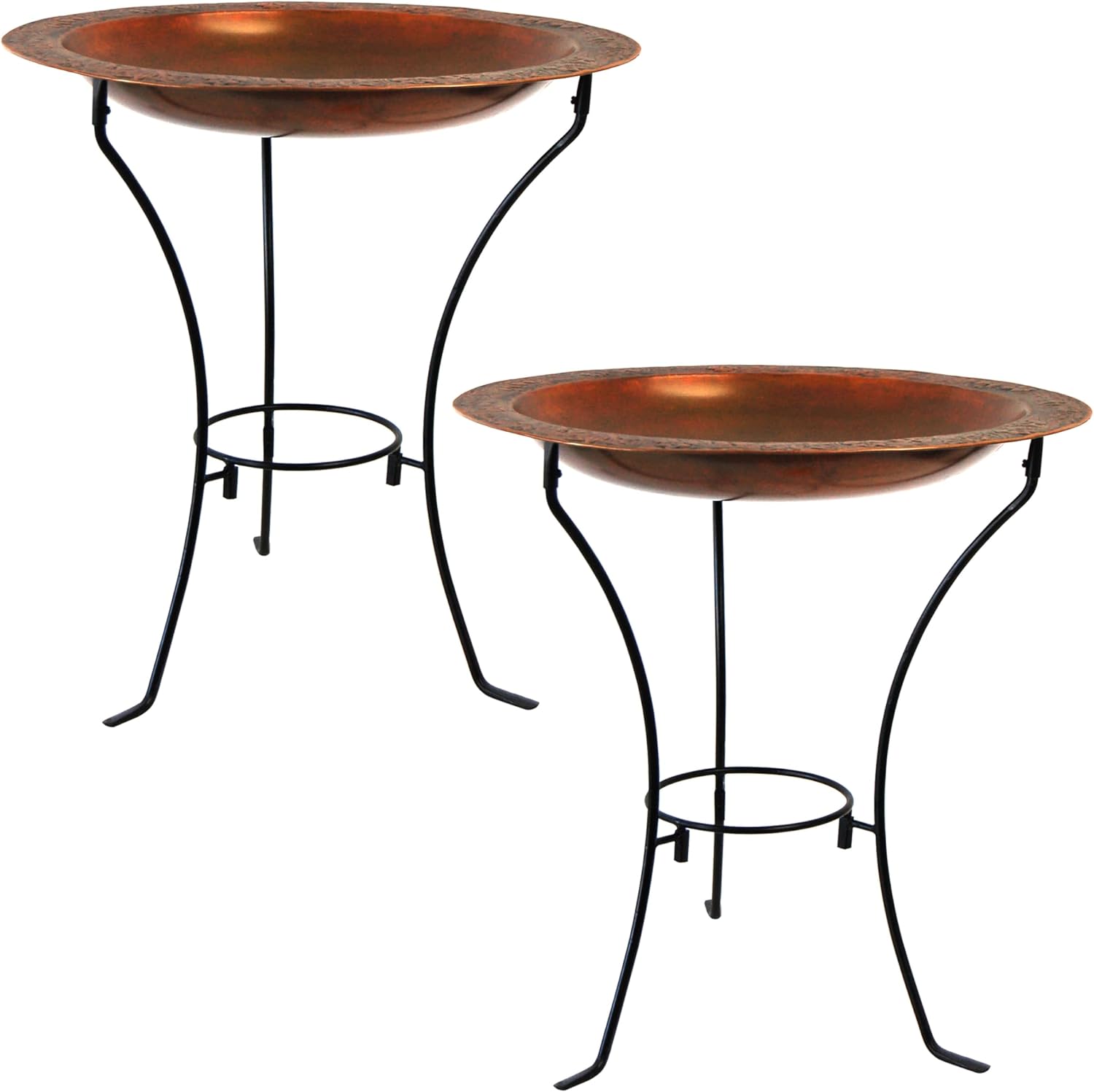 Ancient Graffiti Steel Bird Baths & Stands, Pack of 2 | Copper-Colored Metal Birdbaths with Ornate Rims & Black Steel Stands | 16.5" Basins, Stable Ring Support, Outdoor Garden Bird Bath Set
