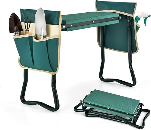 Giantex Rodillero y asiento de jardín, taburete de jardinería plegable, banco de jardín portátil con almohadilla de espuma EVA, marco de metal