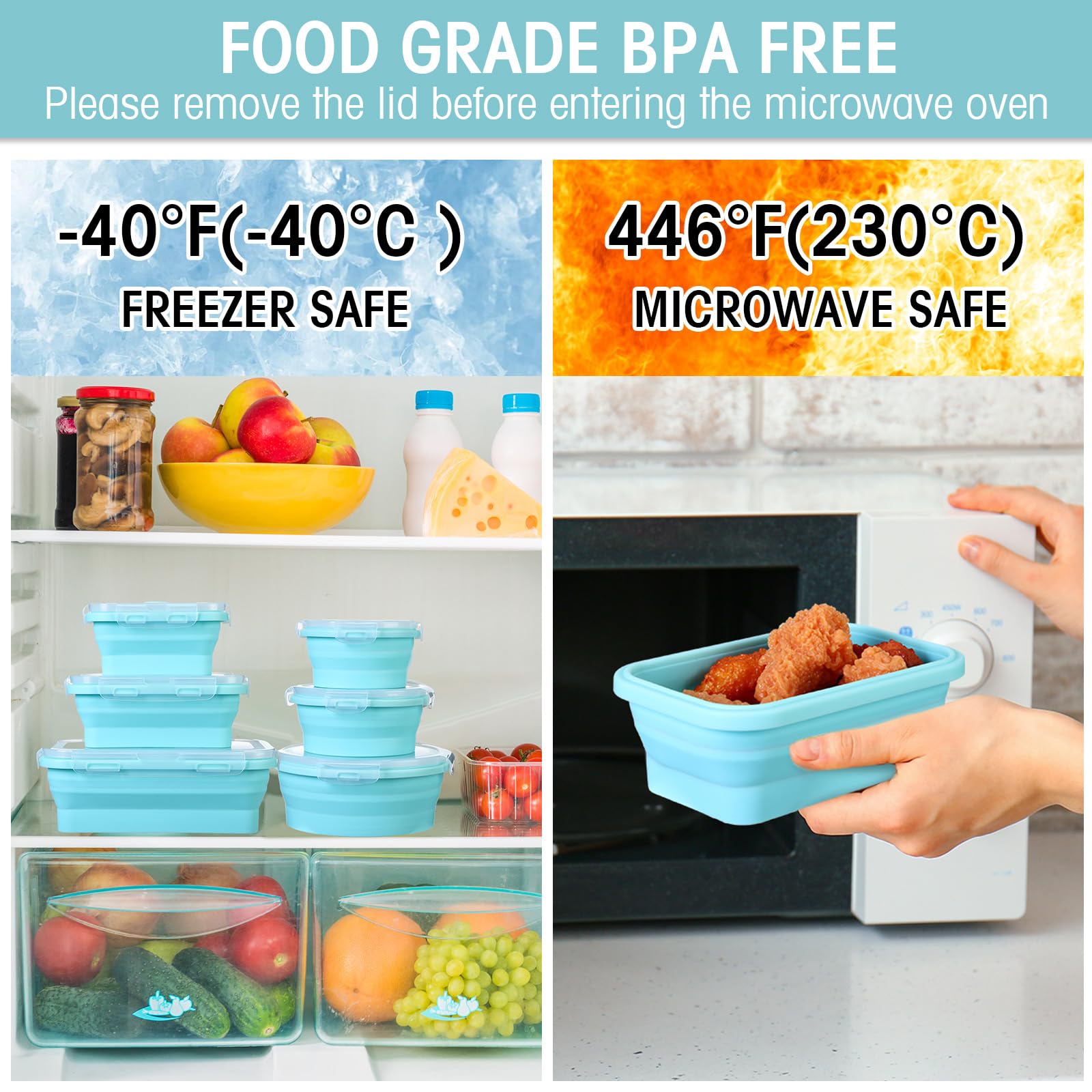 Yaomiao Lot de 16 récipients alimentaires pliables en silicone avec couvercles, 8 bols rectangulaires et 8 bols ronds, passent au micro-ondes, au congélateur et au lave-vaisselle (bleu)