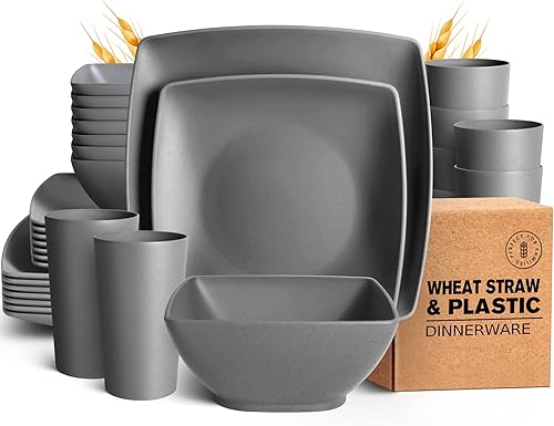 Teivio Juego de vajilla cuadrada de paja de trigo de 32 piezas para 8, platos de cena irrompibles, platos de ensalada, cuencos de aperitivos, vasos