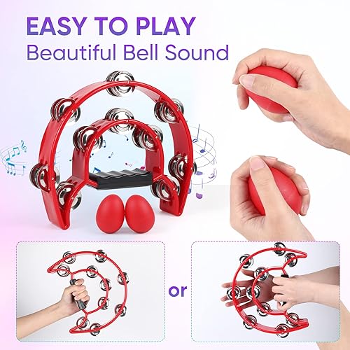 Miniatura 5 de Pandereta instrumento musical para adultos, panderetas de 10 pulgadas, media luna con agitadores de huevos, jingles de metal de doble fila,