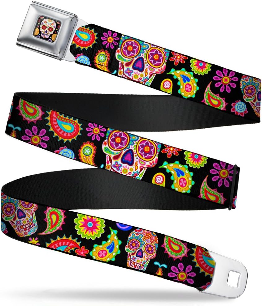 Buckle-Down Seatbelt Belt - Bobo Sugar Skull/Paisley Black/Multi Color - 1.0" Wide - 20-36 Inches in Length