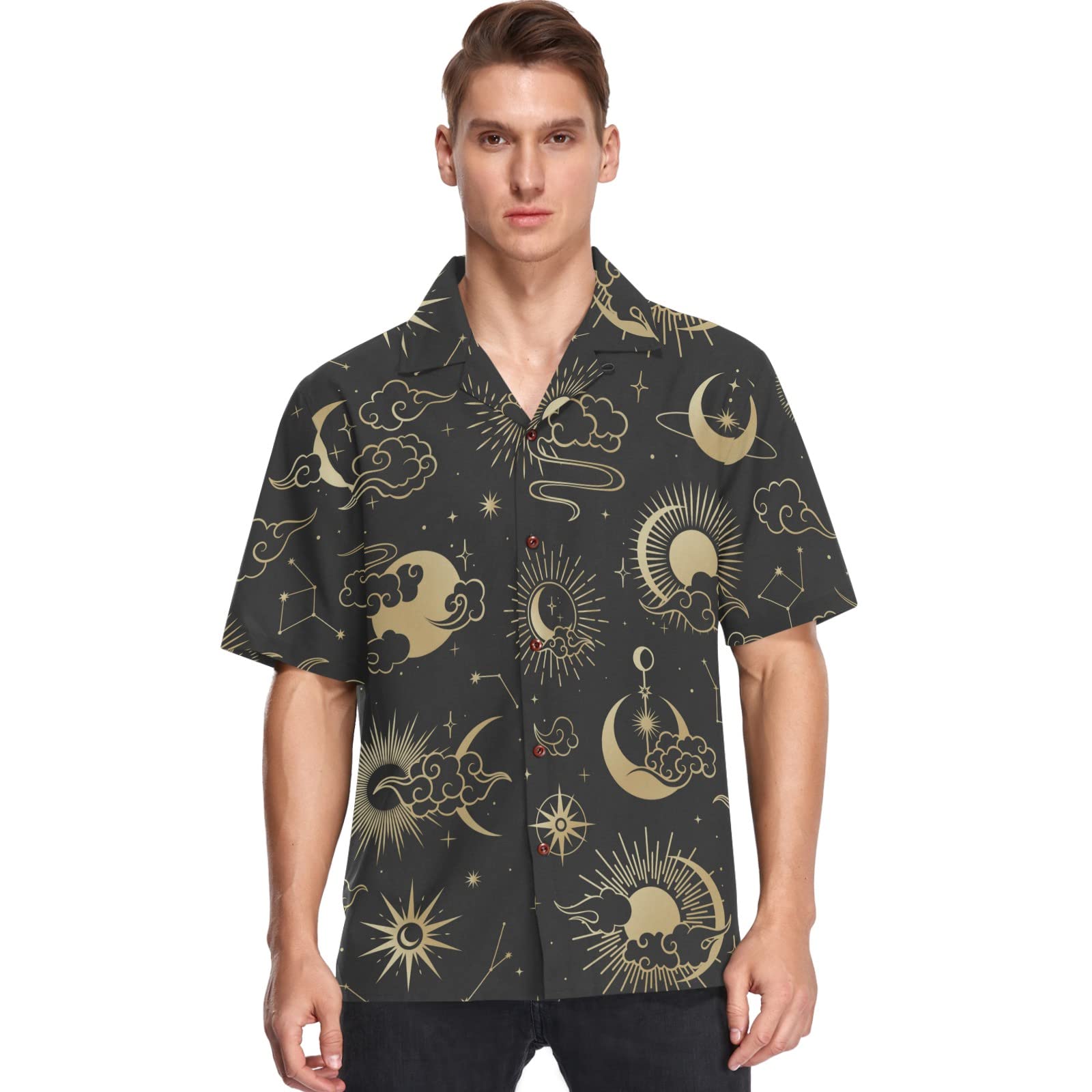 ATOurDealss Mens Casual Button Short Sleeve Hawaiian Shirt Sun Moon Star Pattern Aloha Shirt, Multicolor XXL