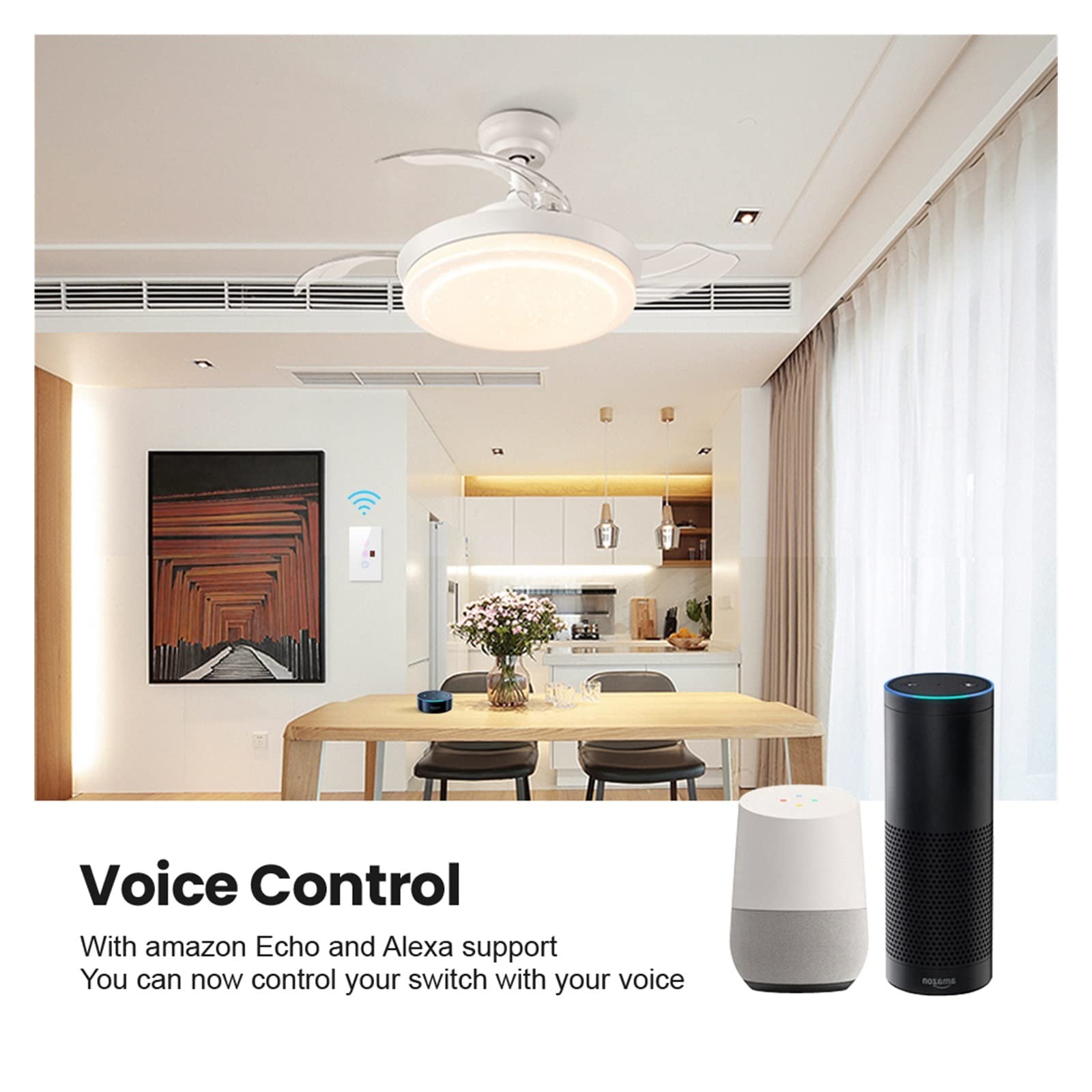 Inteligentny włącznik światła wentylatora Wifi, włącznik lampy wentylatora sufitowego ue/usa pilot Tuya różne sterowanie prędkością praca z Alexa, Google Home (Color : EU White)
