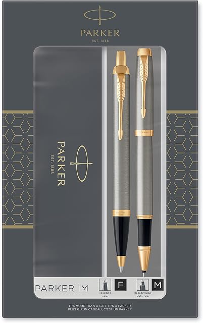 Parker IM Duo Gift Set with Ballpoint Pen & Rollerball Pen, Brushed Metal with Gold Trim, Black Ink Refill & Cartridge, Gift Box