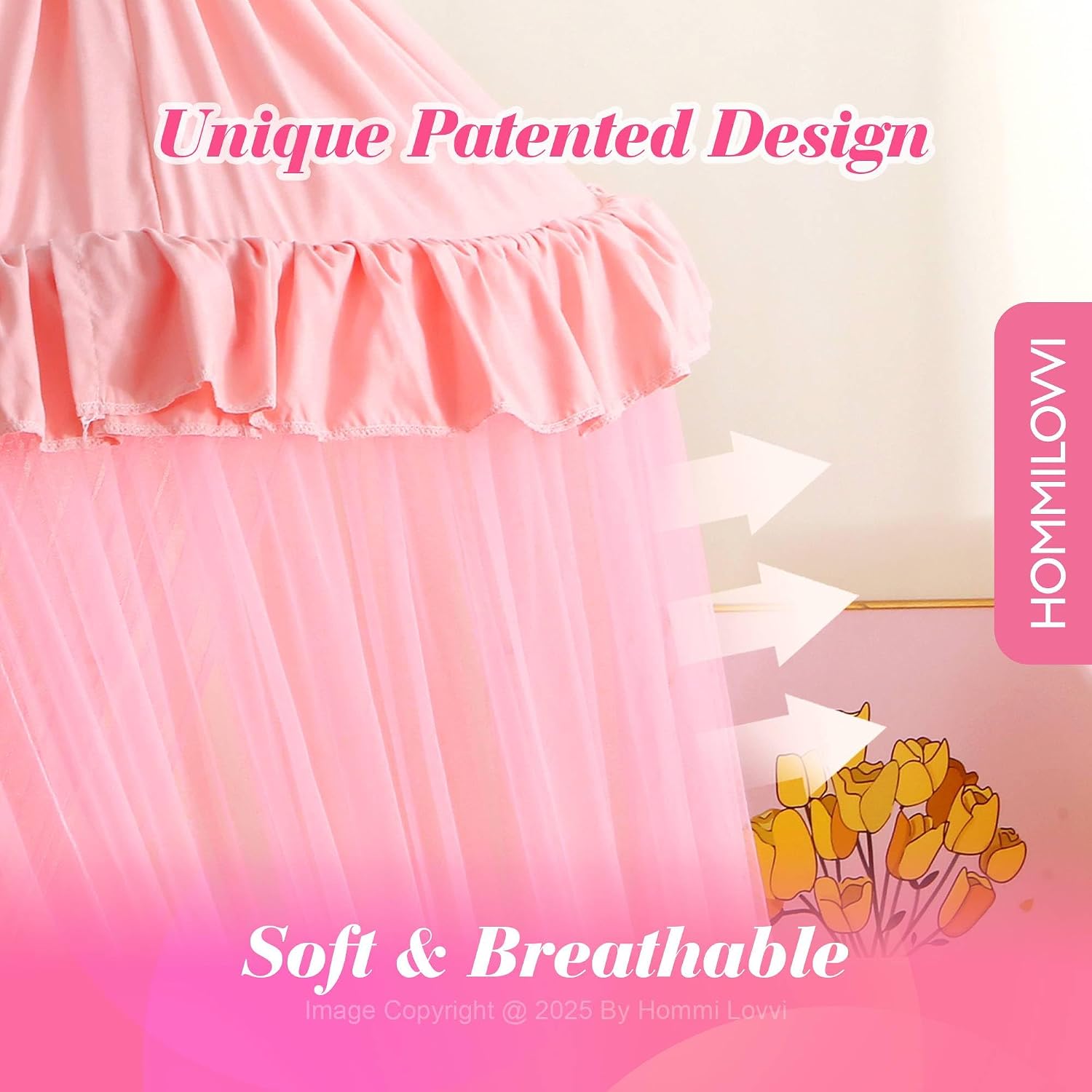 Hommi Lovvi Pink Bed Canopy for Girls with Stars Lights, Princess Canopy Bed Curtains for Twin, Full, Queen Size Bed Hanging Canopy for Girls Room Decor, Kids Sheer Canopy Curtain