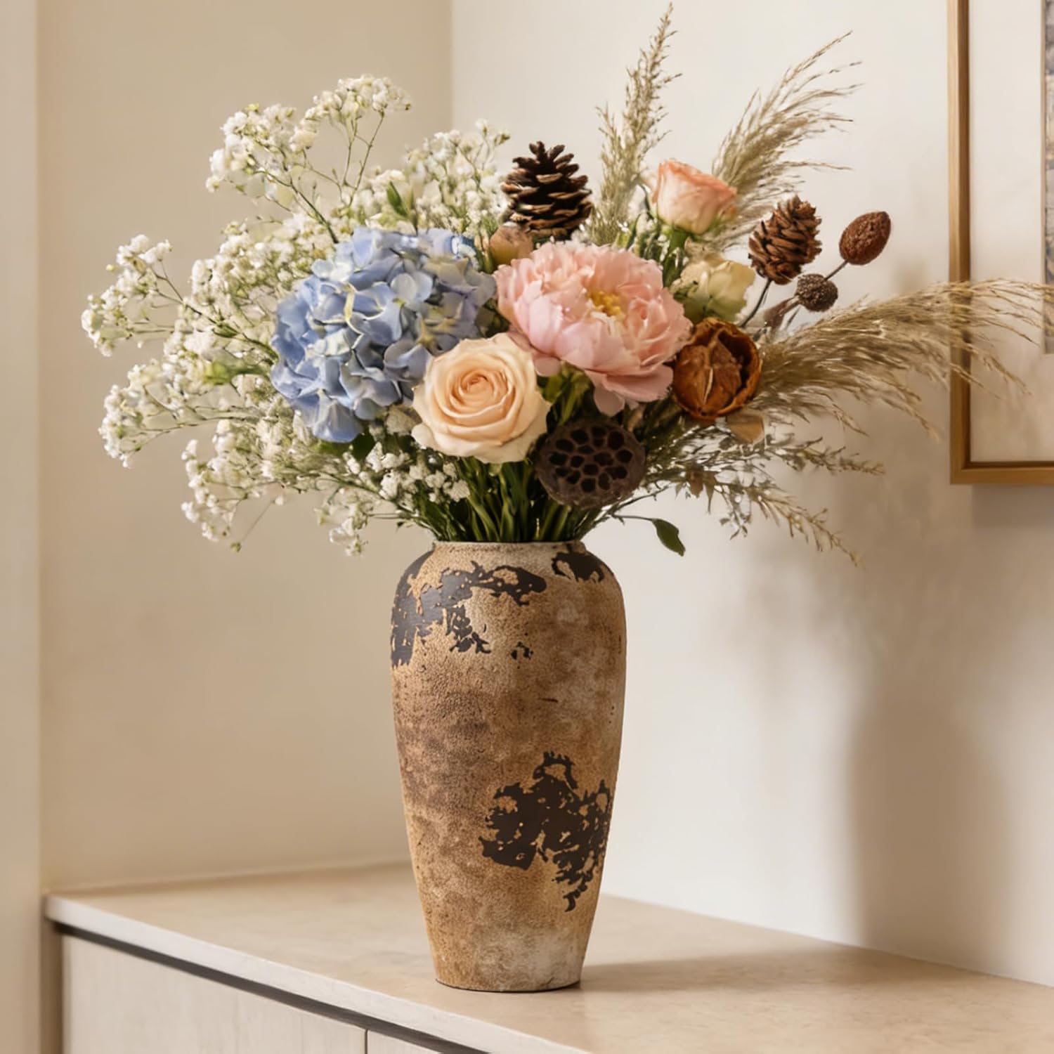 Rustic Ceramic Vase, 12.6 Inch Wabi Sabi Decorative Pottery Flower Vase, Vintage Neutral Vase for Centerpieces, Living Room, Shelf, Entryway, Wedding, Table Decoration