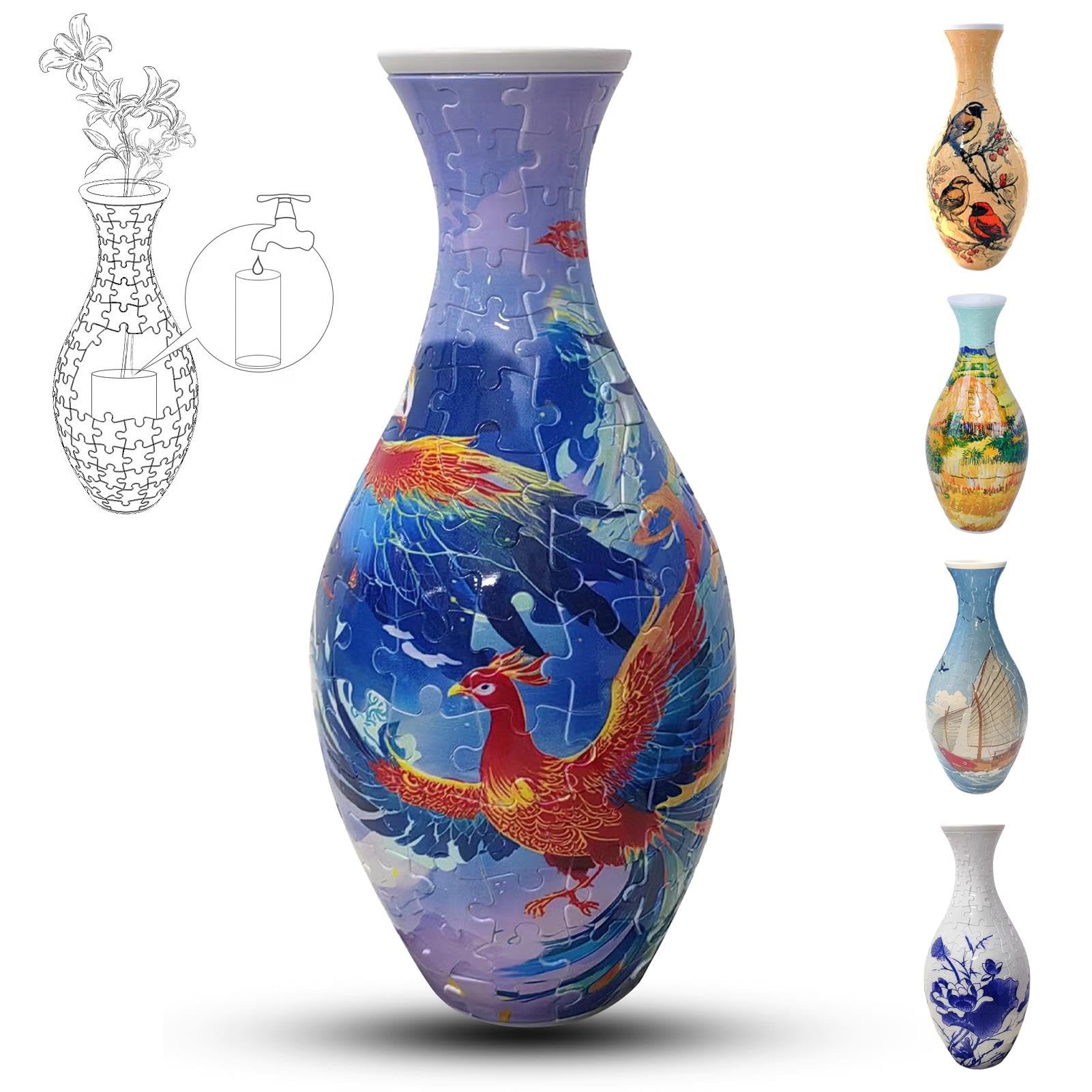 Adults 3D Jigsaw Vase, 160 Pieces, DIY Jigsaw Puzzle, 3D curved puzzle with water column, perfect for displaying real or artificial flowers and flower arrangements(Phoenix)