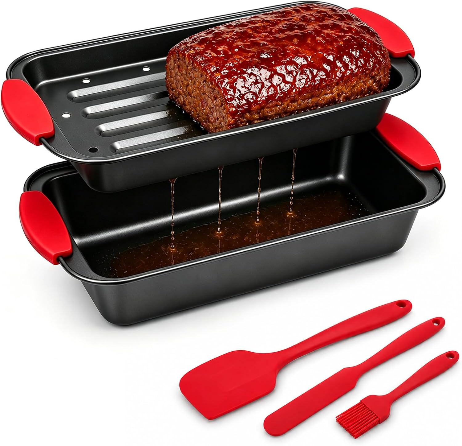 2 Pcs Non-Stick Meatloaf Pans with Drain Tray, PFOA-Free High-Carbon Steel Loaf Pans with Insert & Silicone Wide Handles for Bread Cake Roasting Meat, Dishwasher & Oven-Safe Includes Spatula & Brush