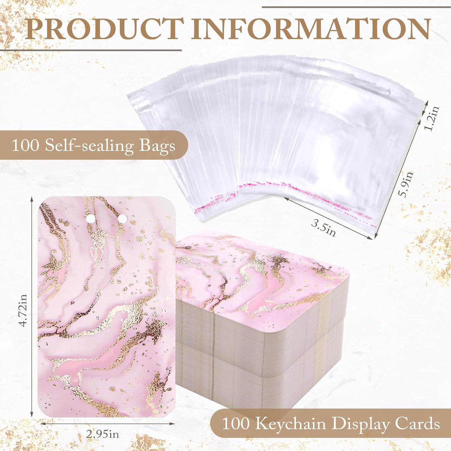 ZYNERY 100 Display Cards with Self-Sealing Bags, 3 x 4.7 Inch Keychain Holder, Jewelry Packaging Supplies (Marble Pink)