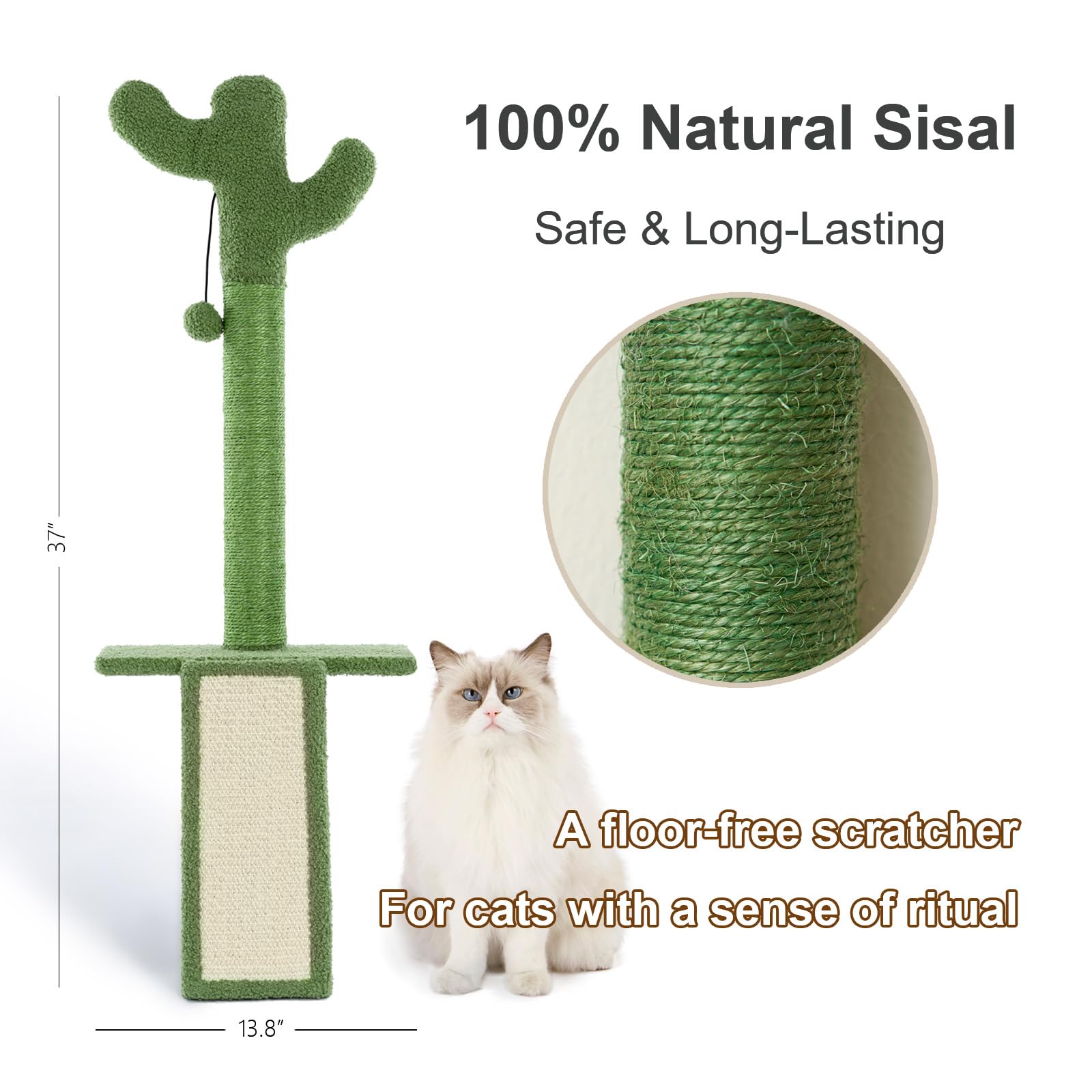 Wall Mounted Cat Scratcher with Jump Platform – Tall, Stable Cat Wall Furniture with Sisal Post for Climbing and Scratching – Cactus Design for Indoor Cats - image 2