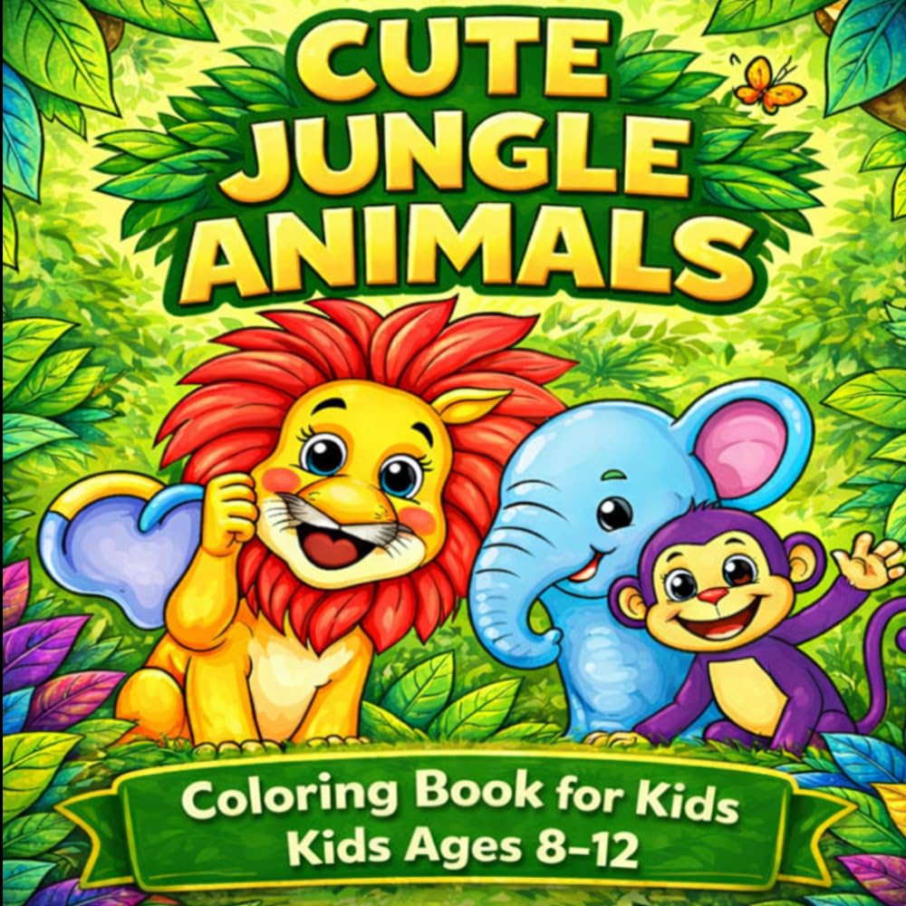 Cute Jungle Animals Coloring Book for Kids Ages 8-12: Fun and Easy Safari Coloring Pages for Boys and Girls
