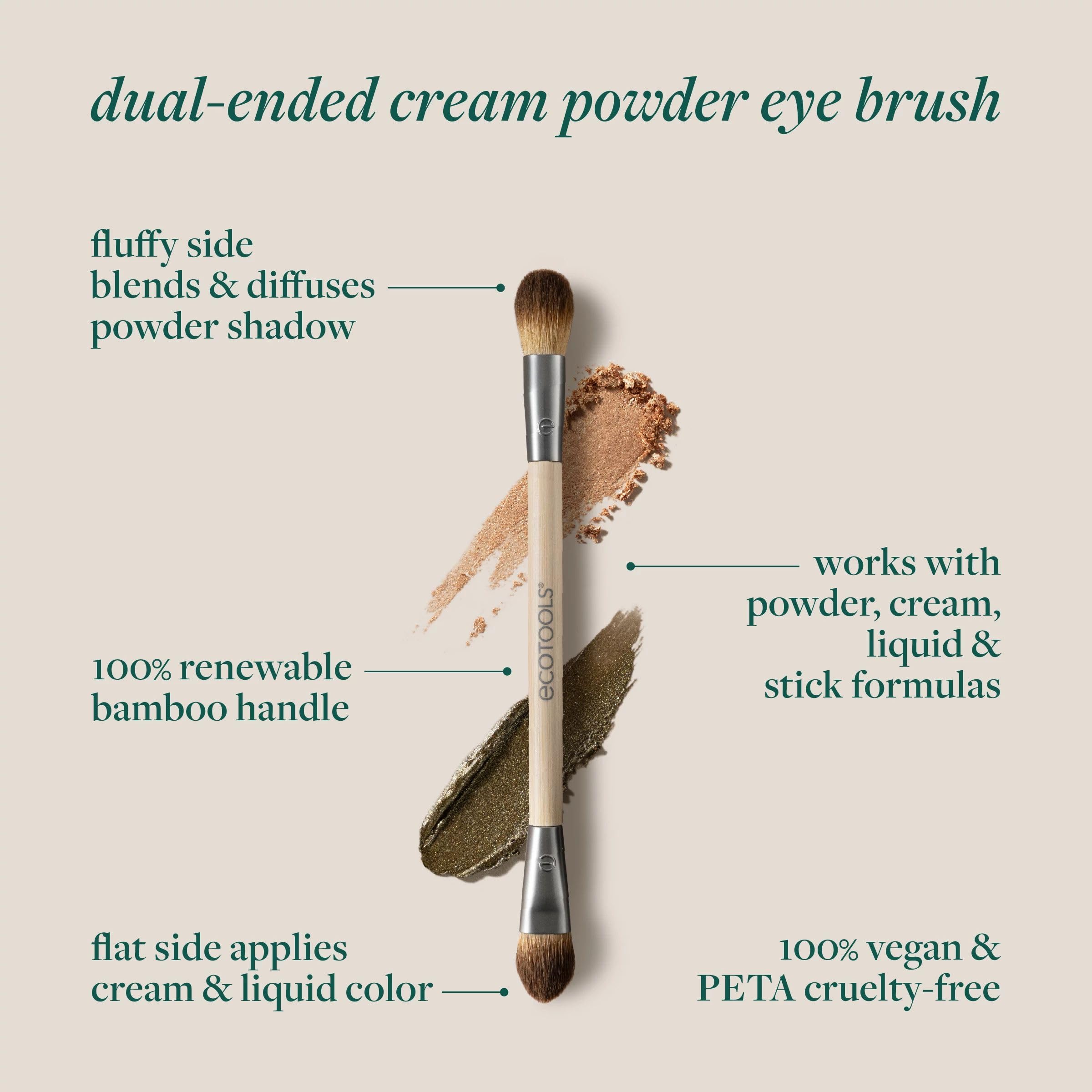 EcoTools Cream & Powder Dual-Ended Eye Brush, Flat & Fluffy Eyeshadow Brush for Packing, Blending & Full Eye Looks, Sustainable Makeup Tool, Vegan & Cruelty-Free, 1 Count