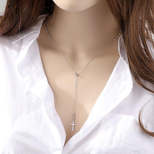 Miniatura 4 de LUKIENY Delicate Sterling Silver Cross Y-Shaped Lariat Necklace Minimalist Drop Necklace for Women Gift for her White Gold Cross Lariat  Y necklace