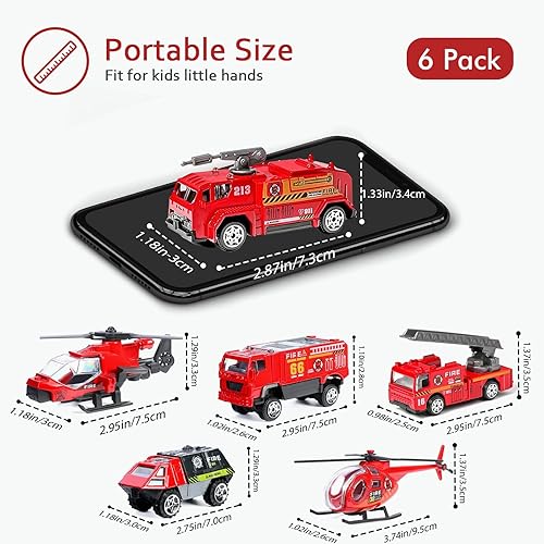 Miniatura 6 de Camión de bomberos de juguete para niños, 6 piezas fundidas a presión, 20 calcomanías para camión de bomberos, helicóptero, camión de escalera,