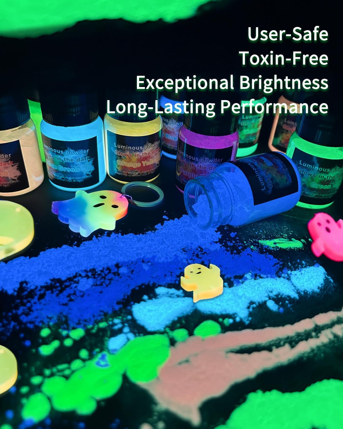 Glow in The Dark Pigment Powder 12 Colors Mica Powder, Epoxy Resin Dye Luminous Pigments 20g/0.71oz Each Bottle for DIY, Crafts, Nail Art, Acrylic Paint, Halloween or Christmas Decoration - Image 3