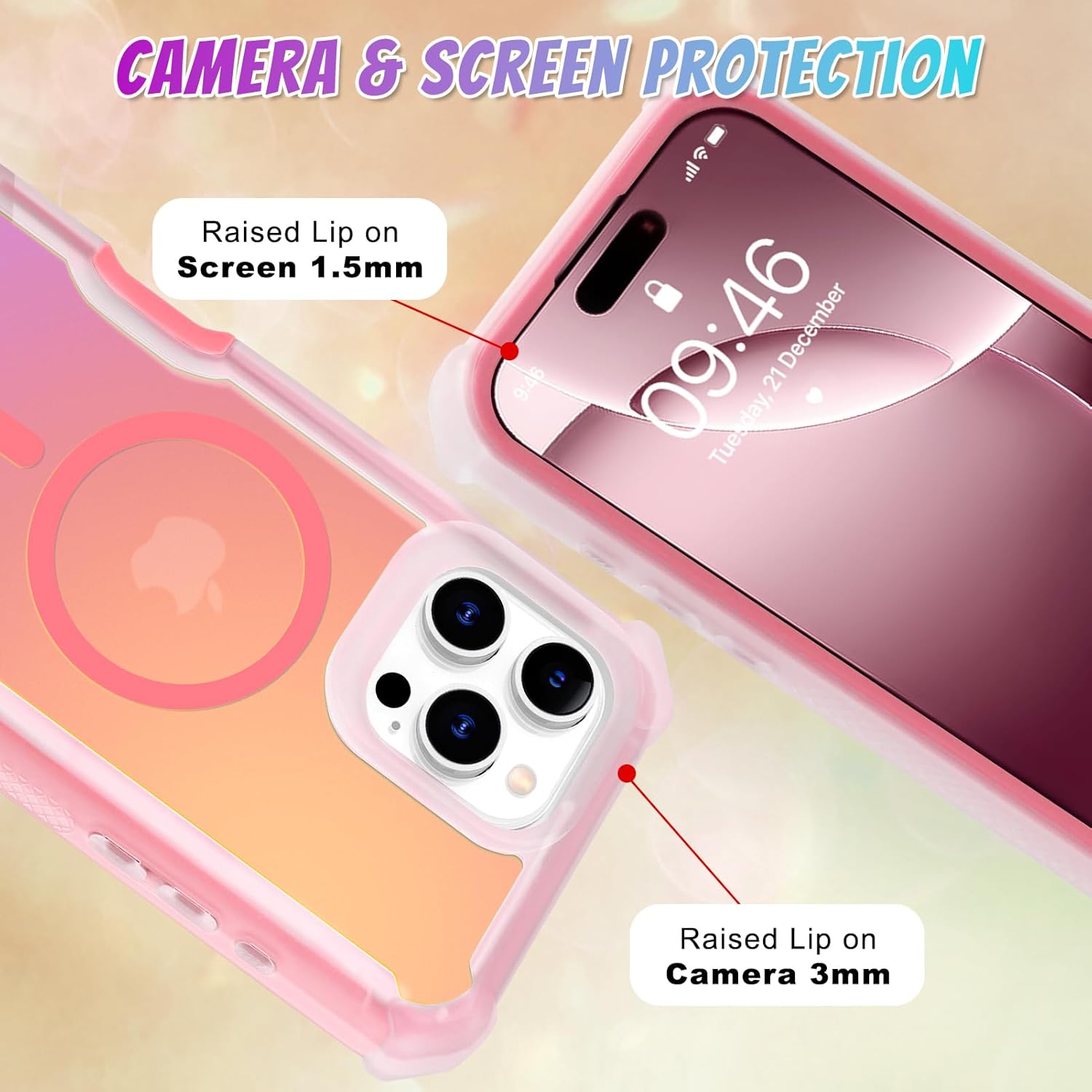 Bonoma for iPhone 16 Pro Max Case, Iridescent Back, Magnetic Support for MagSafe Shockproof Cover, Crystal and Corner High-Duty Protection for Girls Women -Pink - Image 4
