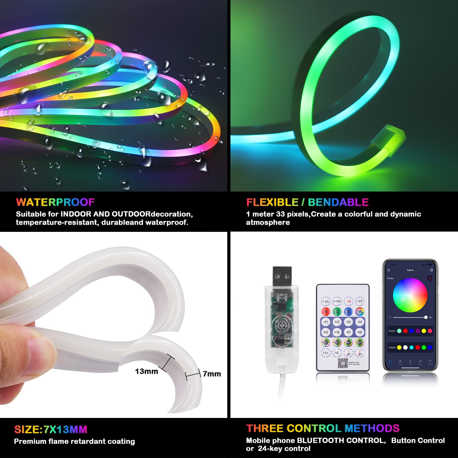 KISUFU WS2812B - Tira de luces LED, USB 5 V RGB, tira de luz LED de neón, 7 x 13 mm, 33 LEDs/m, cinta impermeable IP67 con USB de 24 teclas IR Bluetooth, controlador de música para decoración interior