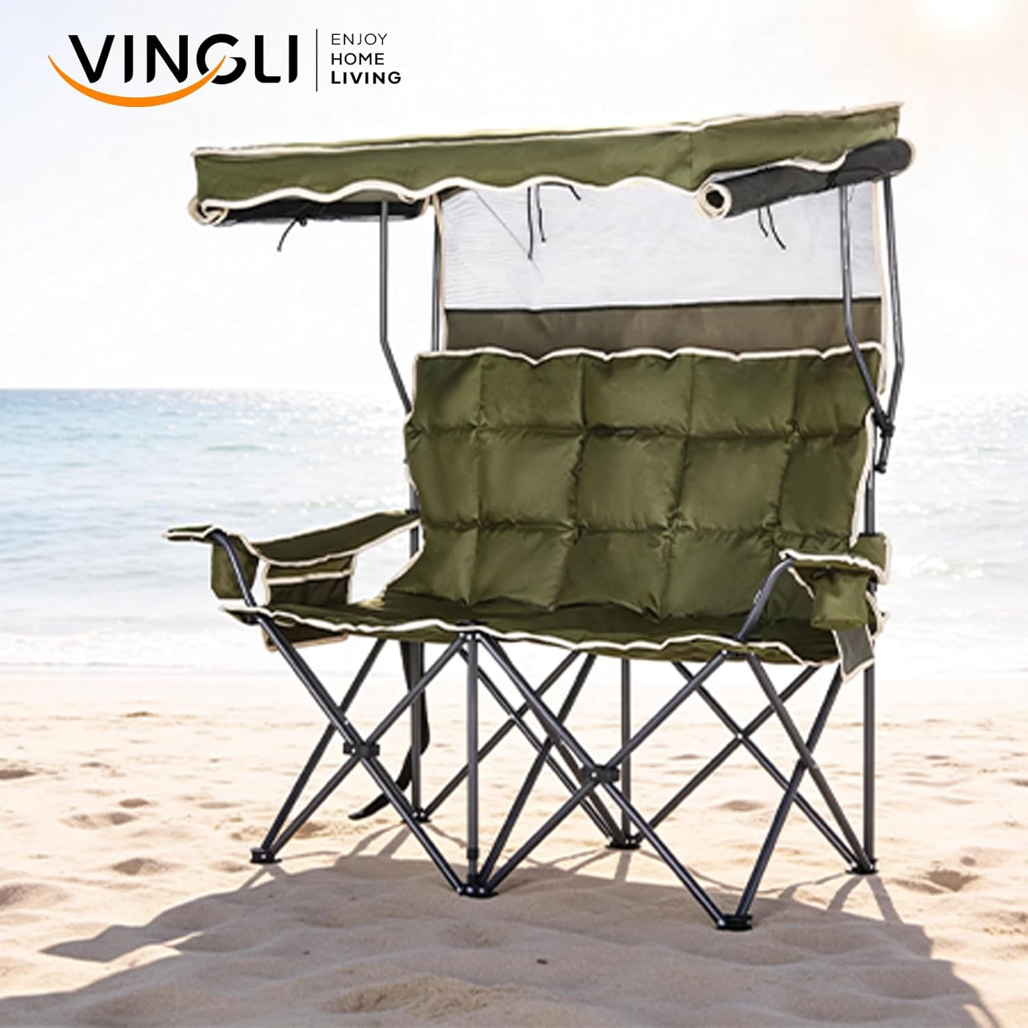 VINGLI Oversize Double Camping Chair with Canopy，Beach Chair with Canopy Shade, Portable Camping Loveseat with 2 Storage Bags for Outdoor Soccer Sport Events, Beach, or Camping