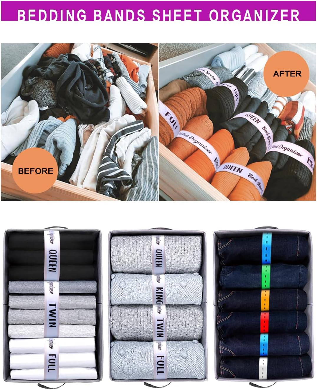 4 Pack Bed Sheet Organizer Bands, Elastic Bedding Sheet Straps, Sheet Organizers and storage, Sheet Storage Organizer for Linen Closetfor Bedding Sets (King Twin Full Queen) white