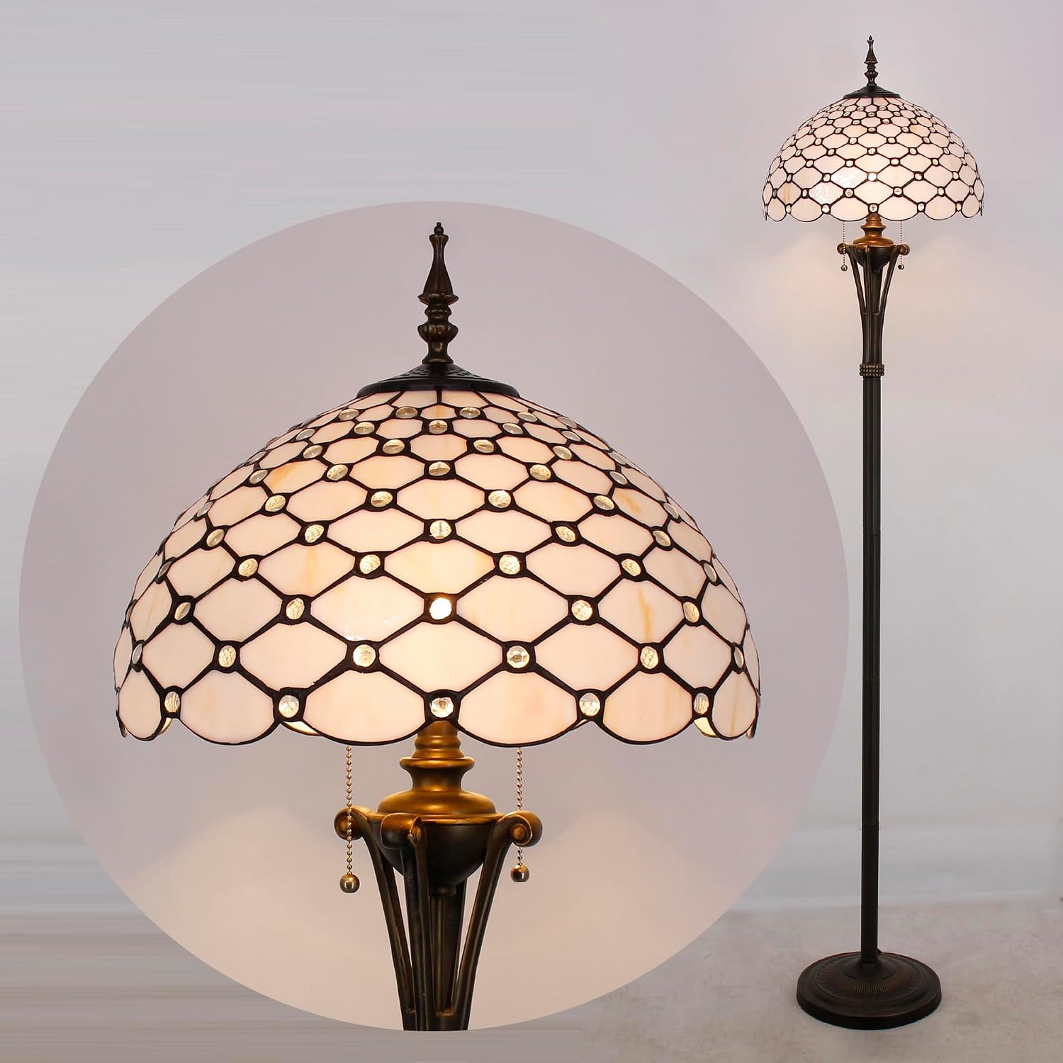 Tiffany Floor Lamp Cream Amber Bead Stained Glass Standing Reading Light 16X16X70 Inches Antique Pole Corner Lamp Decor Bedroom Office Living Room
