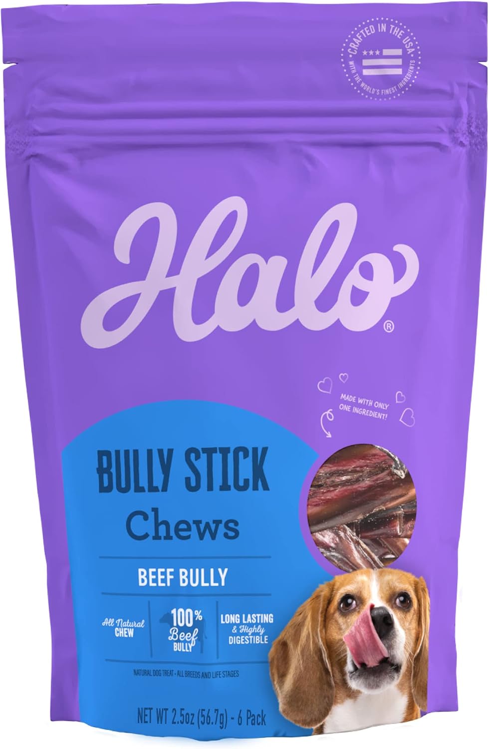 Halo Purely For Pets Halo Bully Stick Chews, Dog Treats, 2.5-OZ Pouch