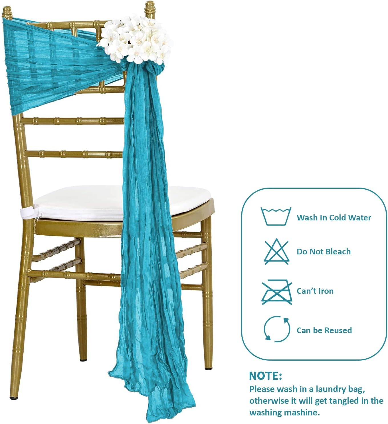 MDS Pack of 50 PCS Cheesecloth Chair Sashes 17”x70” Gauze Rustic Aisle Decorations Designed Chair Bows for Wedding Birthday Baby Shower Reception Party Banquet Hotel Event Decoration - Peacock Blue
