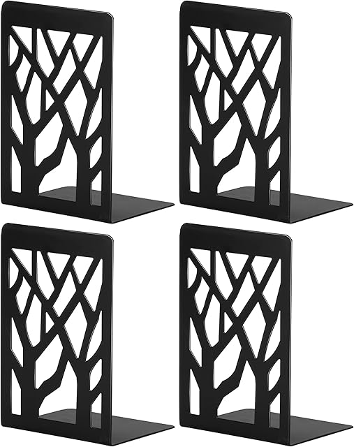 Book Ends, Bookends Heavy Duty, INNÔPLUS Book End Holder for Shelves, Metal Bookend (Black 2 Pair) for Office and School, Decorative Tree Unique Design Book Stopper for Gift, Book Binder and Dividers