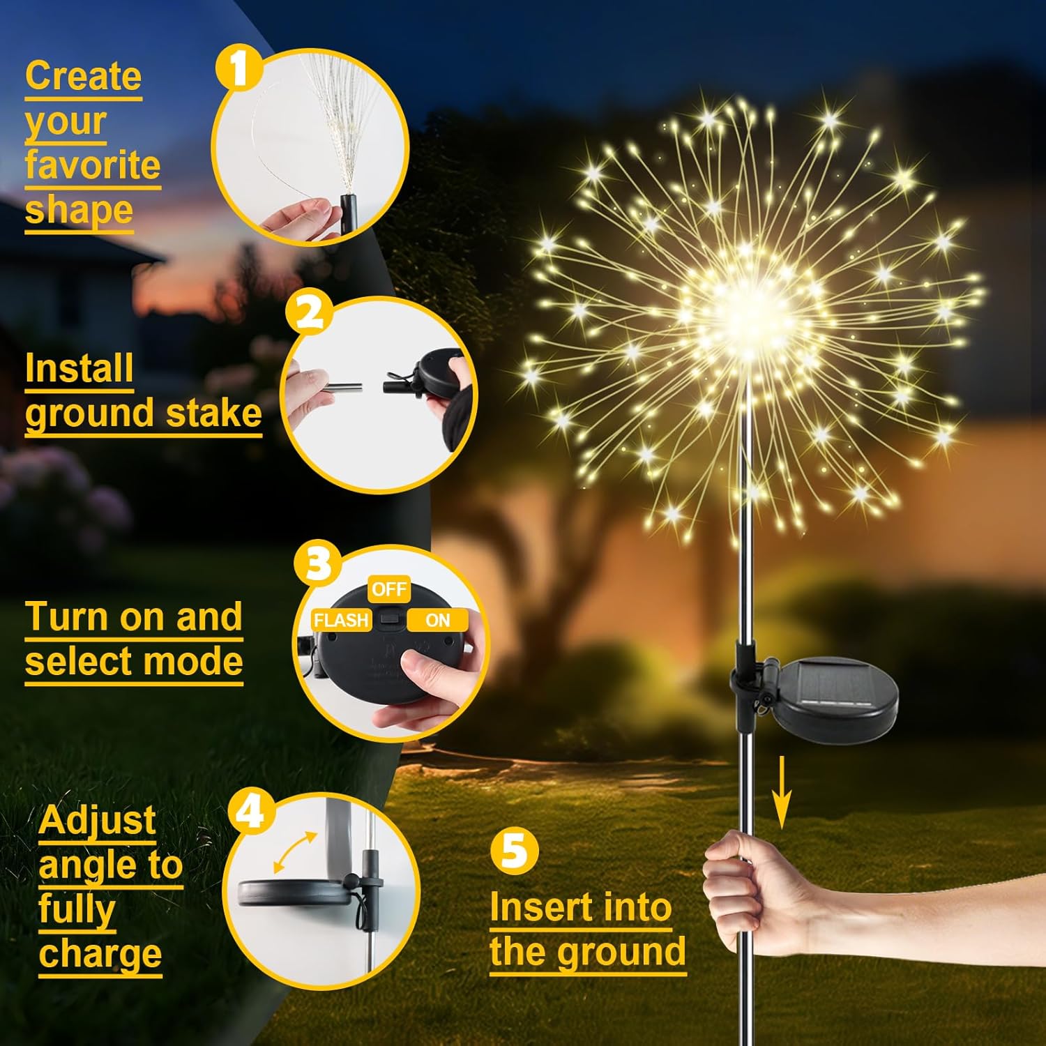 Solar Garden Lights Outdoor, 4 Pack 120 LED Twinkling Firework Lights Decorative with 2 Modes, Outdoor Waterproof Solar Starburst Light for Yard Pathway Planter Patio Decor, Warm White
