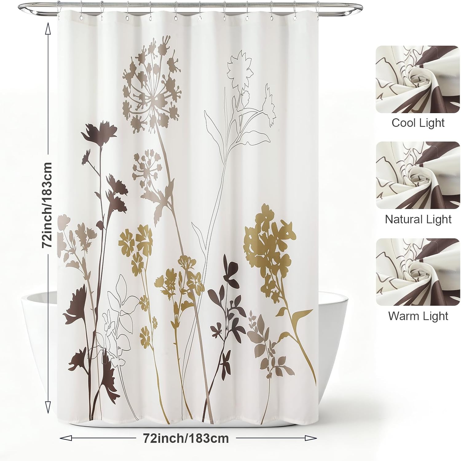 Floral Fabric Shower Curtains for Bathroom, Cream Beige Brown Tan Flower Shower Curtain, Waterproof Washable Decorative Bathroom Curtains, 72" W x 72" H
