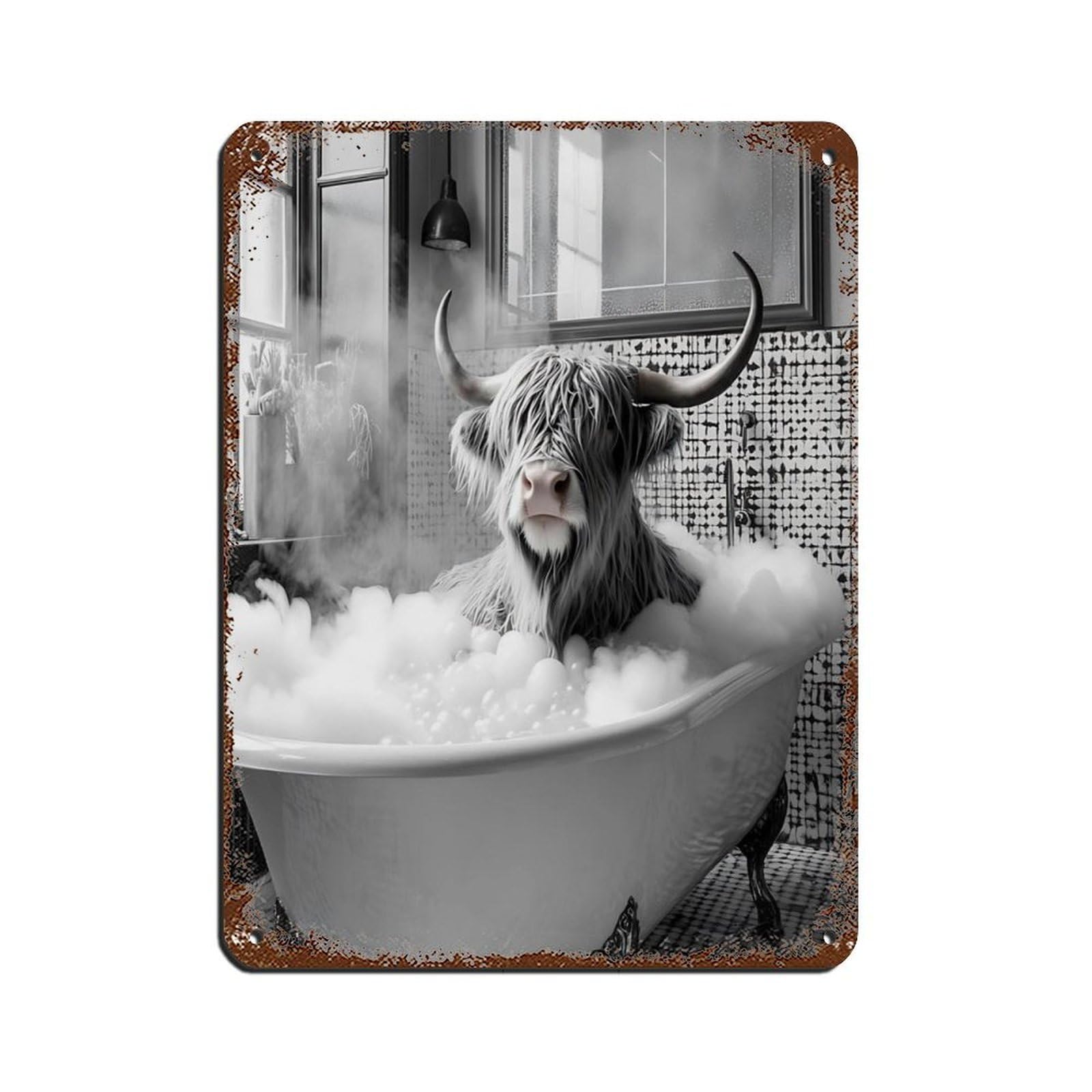 Highland Cow Bathroom, Cow in Bathtub Tin Sign Vintage Metal Pub Club Cafe Bar Home Wall Art Decoration Poster Retro 12x16inch(30x40cm)