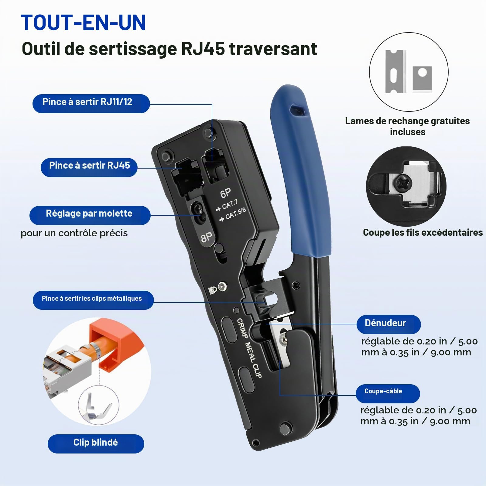 Kit Pince à Sertir RJ45 Professionnel,Connecteurs Pass-Through Cat7/Cat6a | Pince à sertir professionnelle avec testeur, dénudeur et connecteurs. Robuste et durable pour usage domestique et bureau.