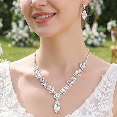 TWINKLEDE Wedding Jewelry Sets for Women Silver Bridal Rhinestone Necklaces and Earring for Brides