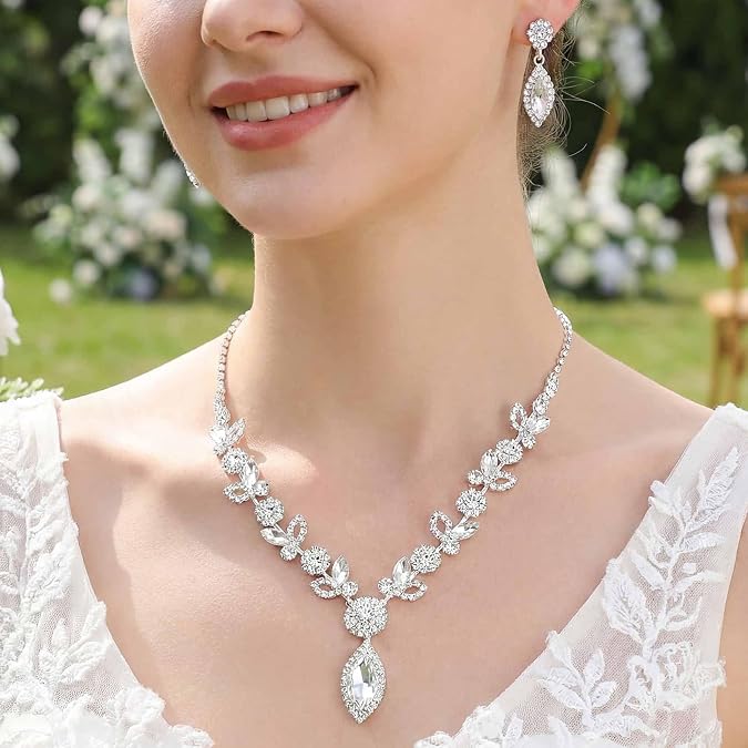 TWINKLEDE Wedding Jewelry Sets for Women Silver Bridal Rhinestone Necklaces and Earring for Brides