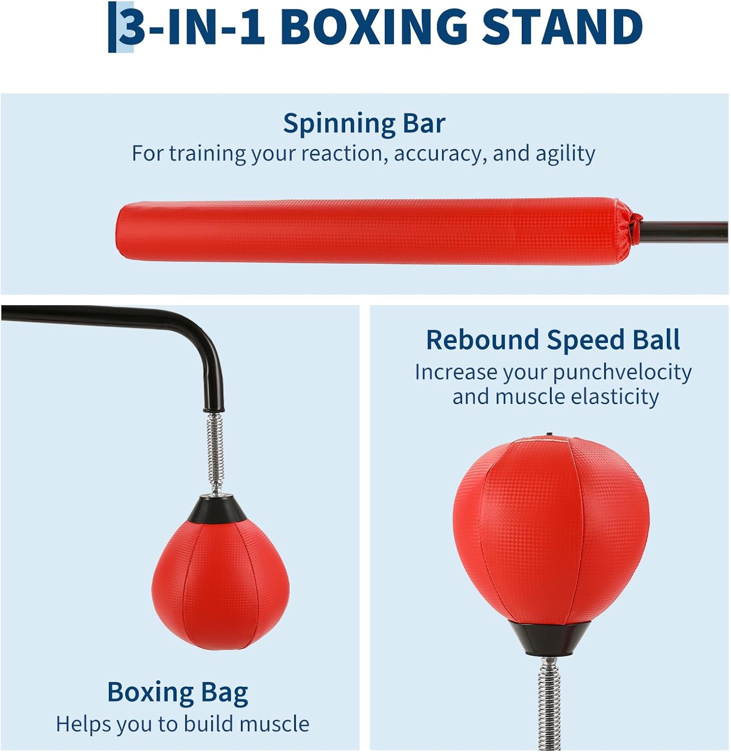 Garvee Boxing Punching Bag with Speed Ball, Suction Cup Portable Base - Adjustable Height 106 * 140-205cm, PU Ball 24X18CM, Free Standing 60X6cm, Durable Steel Base 340X340X4mm