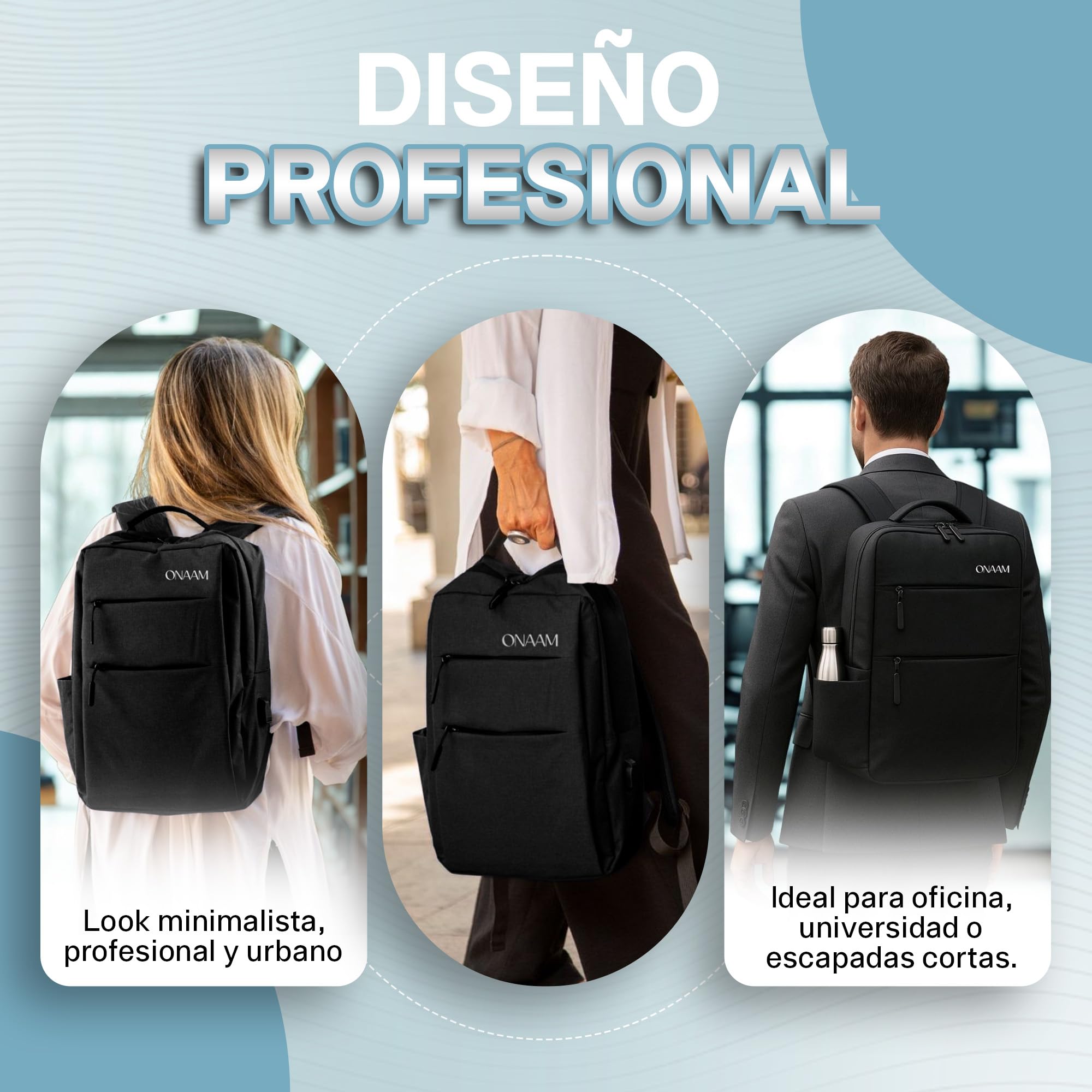 ONAAM Mochila Portatil 15,6" Ligera 0,5kg para Trabajo y Oficina Hombre Mujer, Mochila Ordenador Impermeable con Puerto USB y Estuche Portacables, Viaje Universidad Elegante Negro