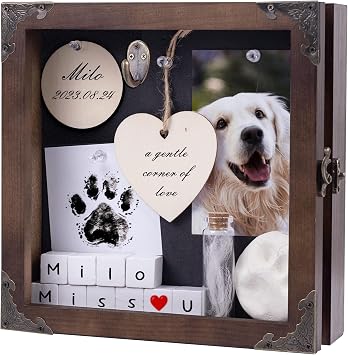 8.6 Pet Memorial Shadow Box, Customizable Display Case for Dog Cat, Paw Print Hair Preservation, Picture Frame with Paw Print Kit Ashes Fur Jar as Pet Loss Sympathy Gift