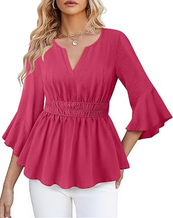 Womens Dressy Casual Peplum Tops Ruffle 3/4 Sleeve Henley V Neck Chiffon Blouses