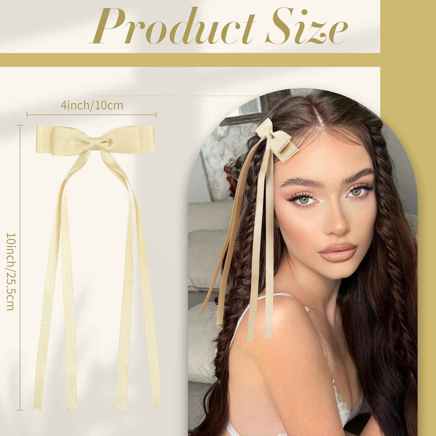 VOBOBE 2PCS Hair Bows for Women Girls, Tassel Ribbon Bowknot Hair Clips Barrettes for Girl with Small Long Tail Solid Satin Hair Accessories (Gold-Glitter) image 3