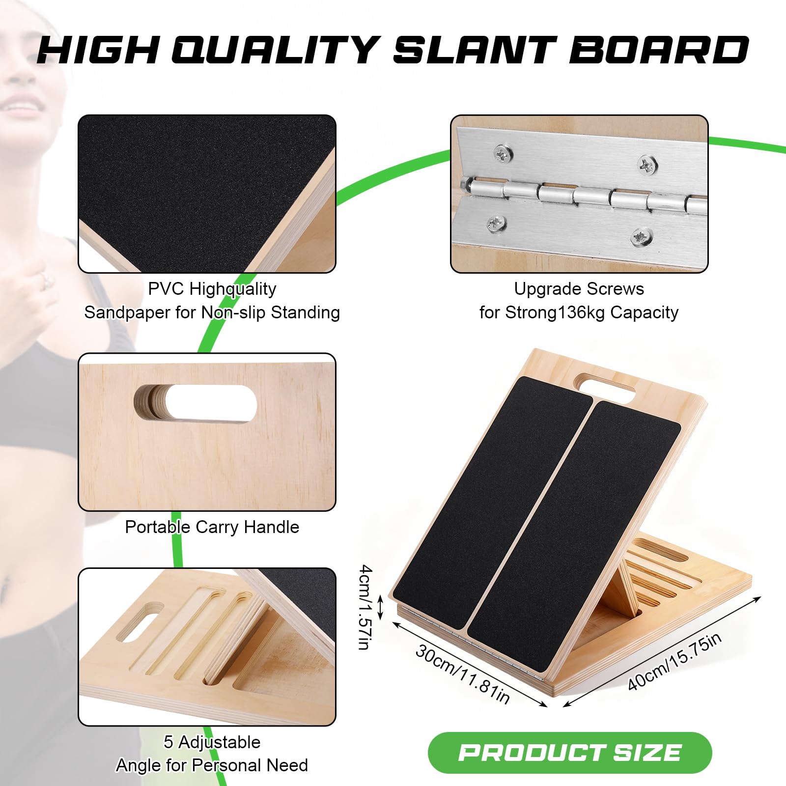 Tavoletta per Stretching in Legno Professionale con 5 Angoli Regolabili, Stretcher per Polpacci Antiscivolo, Solida Tavola di Equilibrio in Legno con Maniglia Portatile, per Casa, Palestra e Outdoor