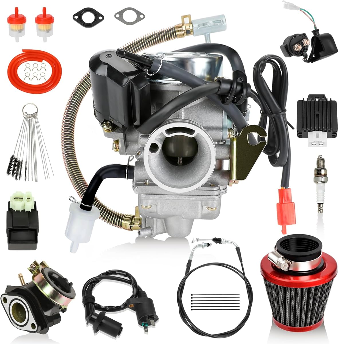 Performance GY6 150cc Carburetor PD24J Ignition Coil Throttle Cable Kit for 125cc Taotao Scooter Moped 152QMI 157QMJ Engine Roketa Motorcycle ATV Go Kart Parts with Starter Solenoid