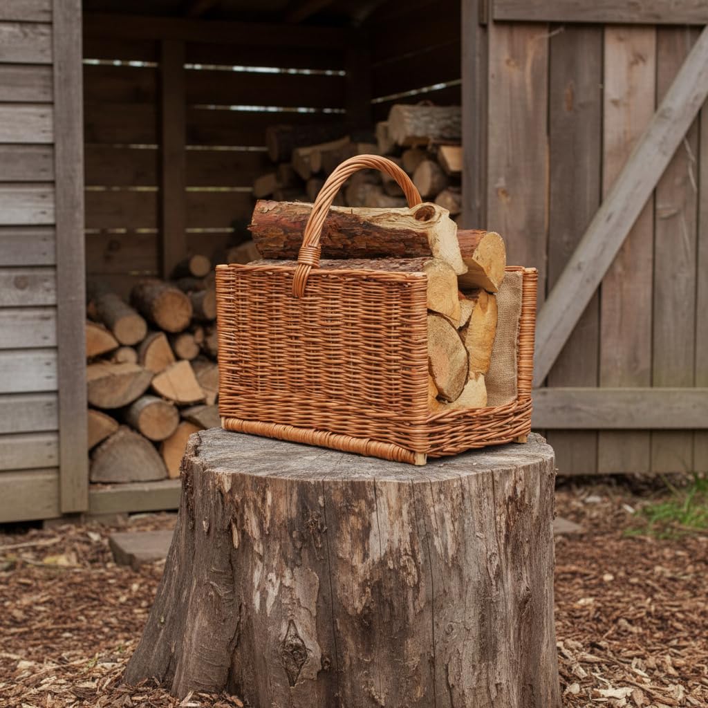 BOGATECO Panier en osier avec poignée carrée | Grand panier à bois 51X35X33 | Tissé à la main | Panier en bois doublé de jute | Panier à bois de chauffage