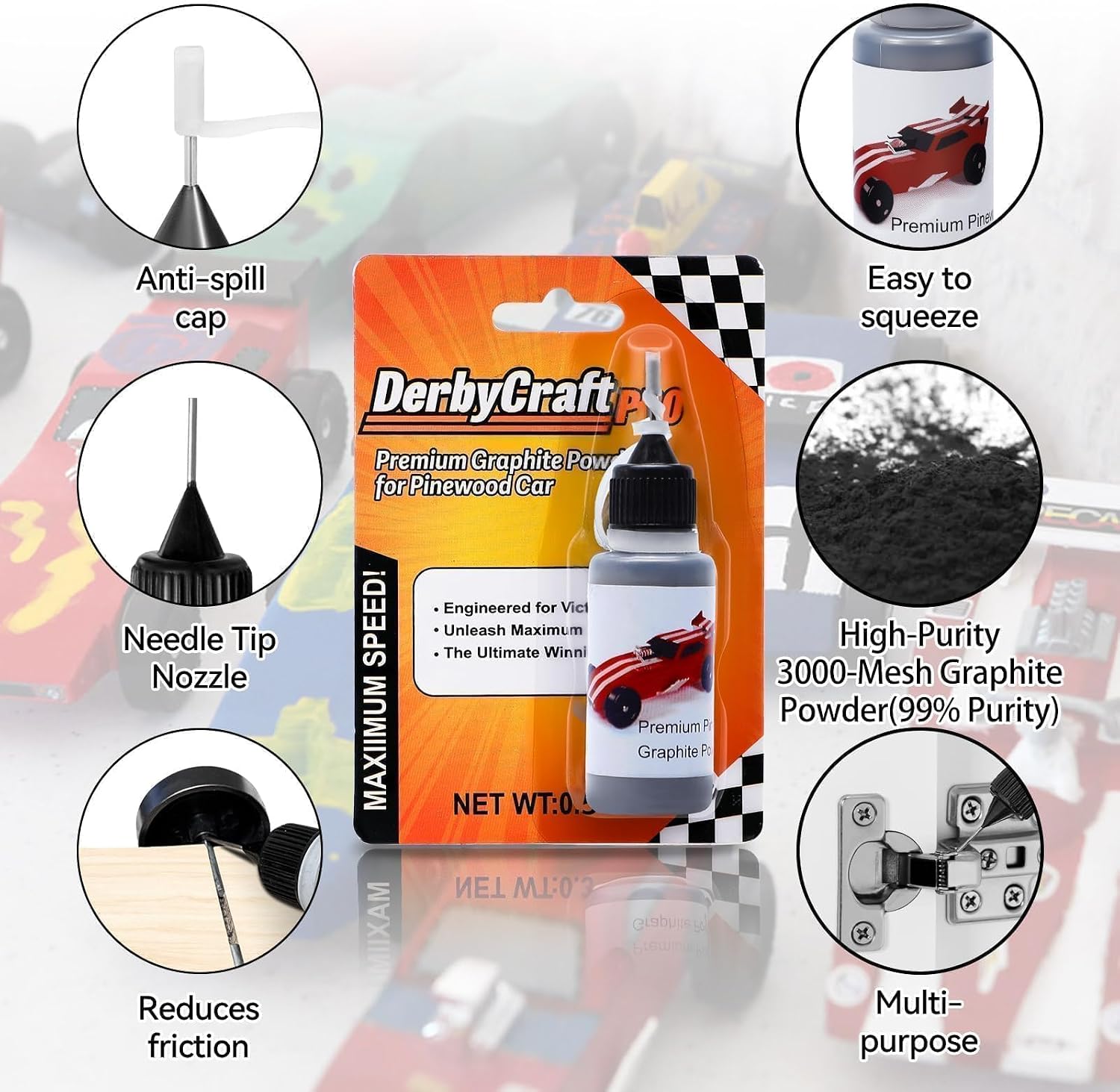 DerbyCraftPro Graphite Powder Lubricant,0.5oz Powdered Graphite for Locks | Dry graphite lubricant for sticky keys, hinges, door, high-purity 3000-mesh powder for pinewood axles, precision needle tip