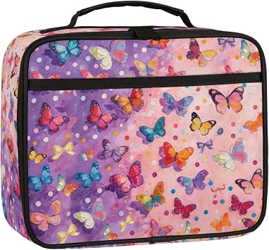Kids Lunch Box - Reusable Insulated Lunch Bag for Girls, Washable Lunch Tote Kit Cooler Bag Toddler Leak-proof Lunchbox for School and Daycare, Colorful Butterflies