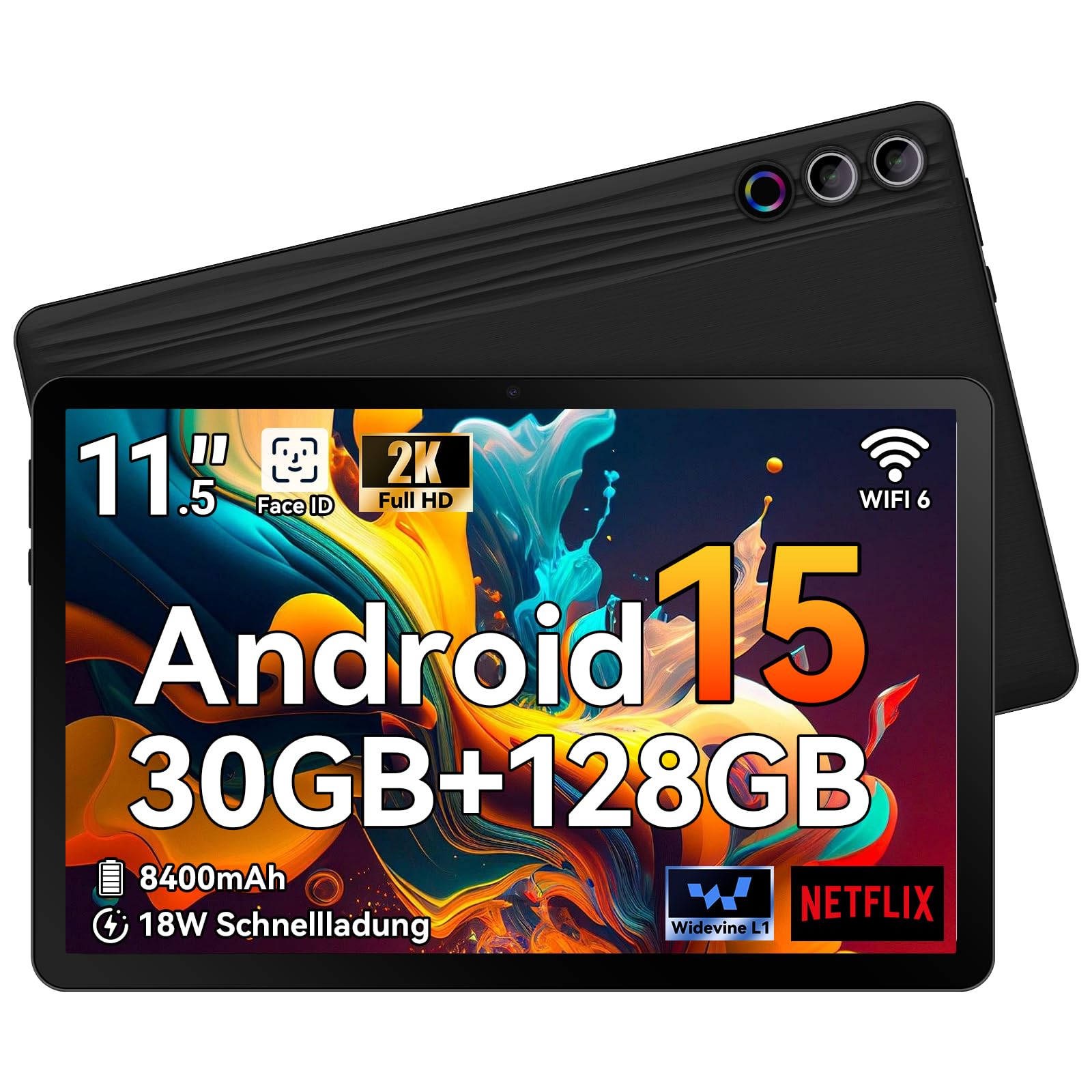 Tablet｜Android 15 Tablet 11,5 Zoll Octa-Core, Android Tablets 30GB+1TB TF, 2000*1200 FHD 90Hz Display, 8400mAh, Widevine L1, 13MP Kamera, WiFi 6&BT 5.3, Tablet PC für Arbeit/Studium - Schwarz