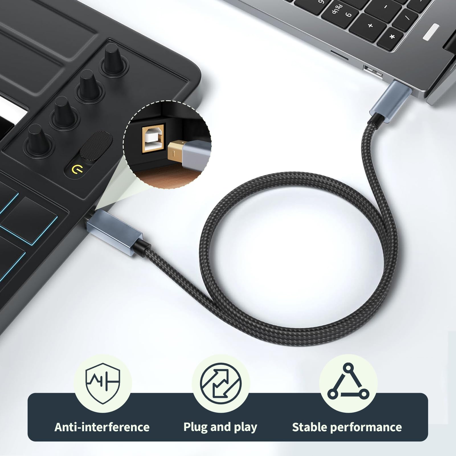 Câble USB C vers MIDI de 2 m, câble d'interface USB C vers B MIDI pour clavier MIDI, contrôleur, synthétiseur, interface audio, compatible avec Windows, macOS, Linux, transfert de données rapide, Plug