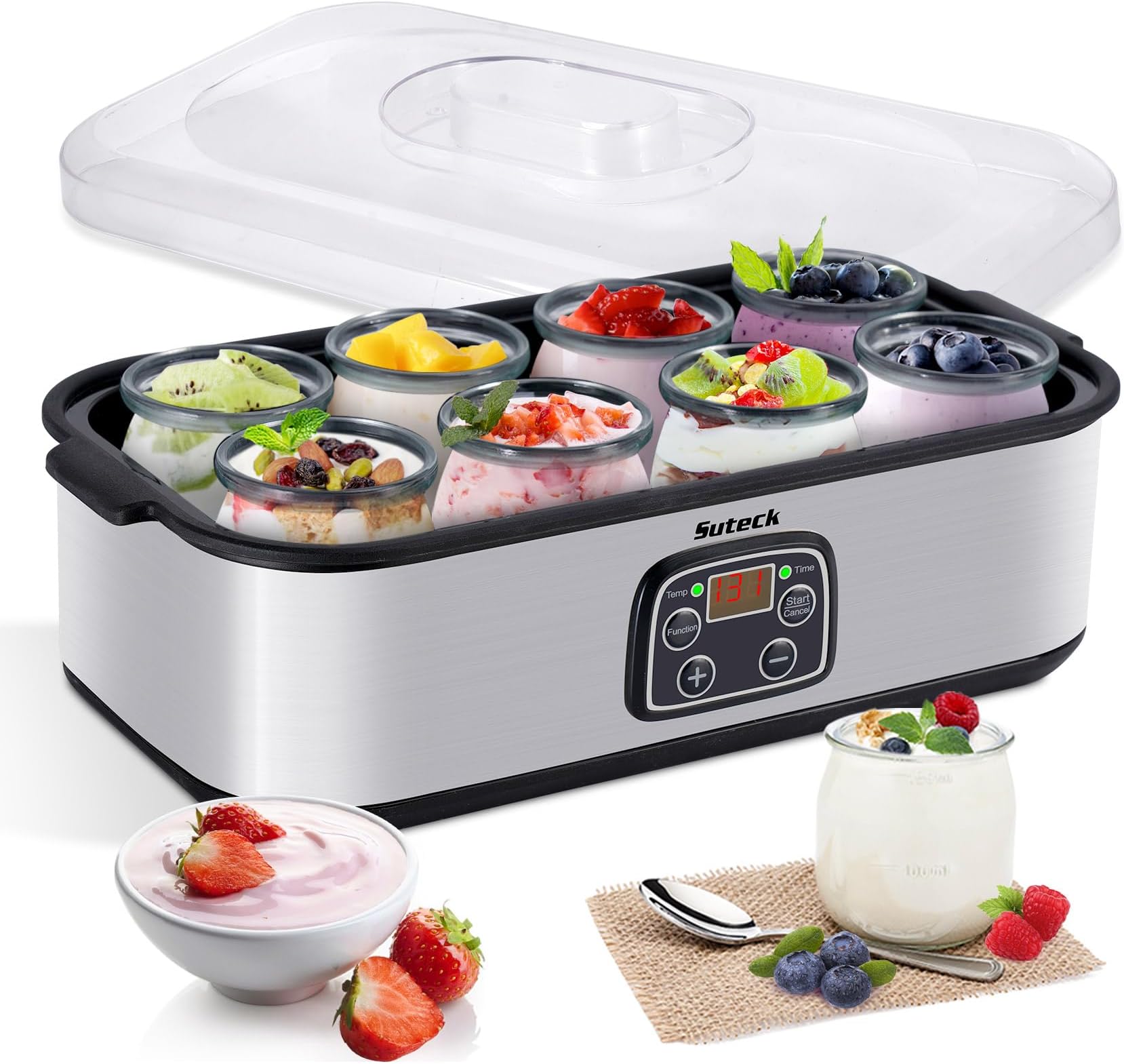 Suteck - Yogurt Maker with 8 Glass Jars, Adjustable Time and Temperature Control Yogurt Maker, Greek Yogurt and Homemade Probiotic, Auto Shut-Off, BPA Free, 40 oz Total, Black