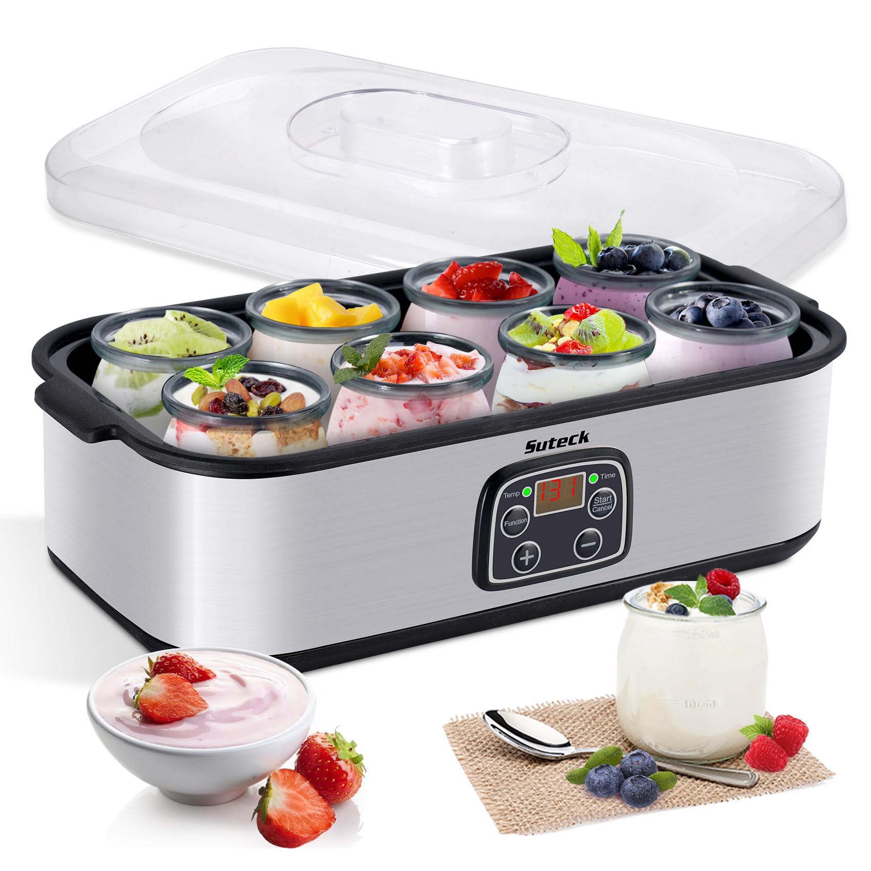 Yogurt Maker with 8 Glass Jars, Adjustable Time and Temperature Control Yogurt Maker, Greek Yogurt and Homemade Probiotic, Auto Shut-Off, BPA Free, 40 oz Total, Black