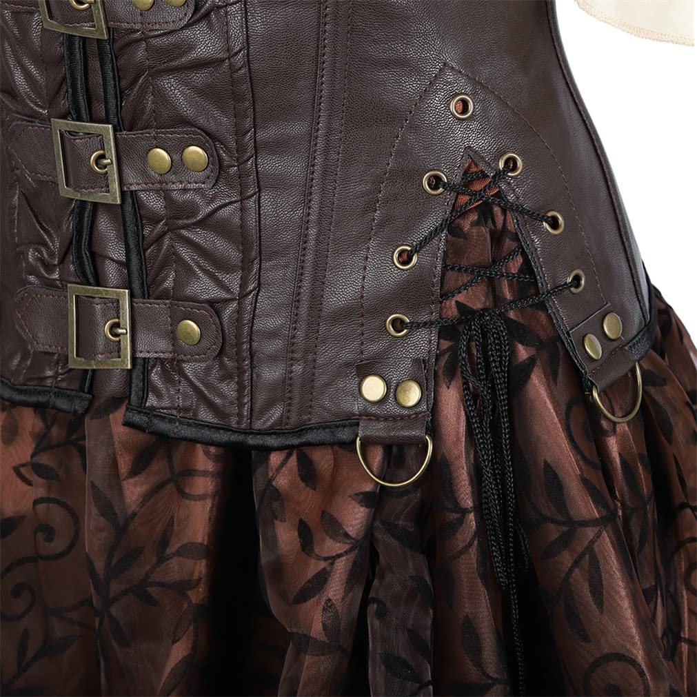 Grebrafan Steampunk Leder Corsage mit Rock und Piratenbluse Damen | Piratin Kostüm Korsett Karneval Kostüm Korsett Damen